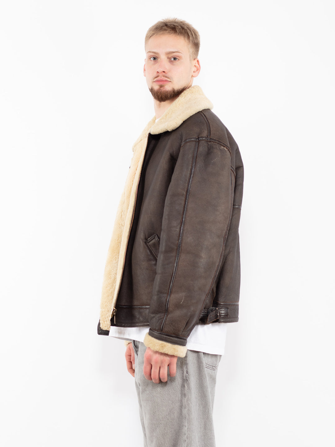 Vintage 80's Men B-3 Style Sheepskin Jacket in Brown