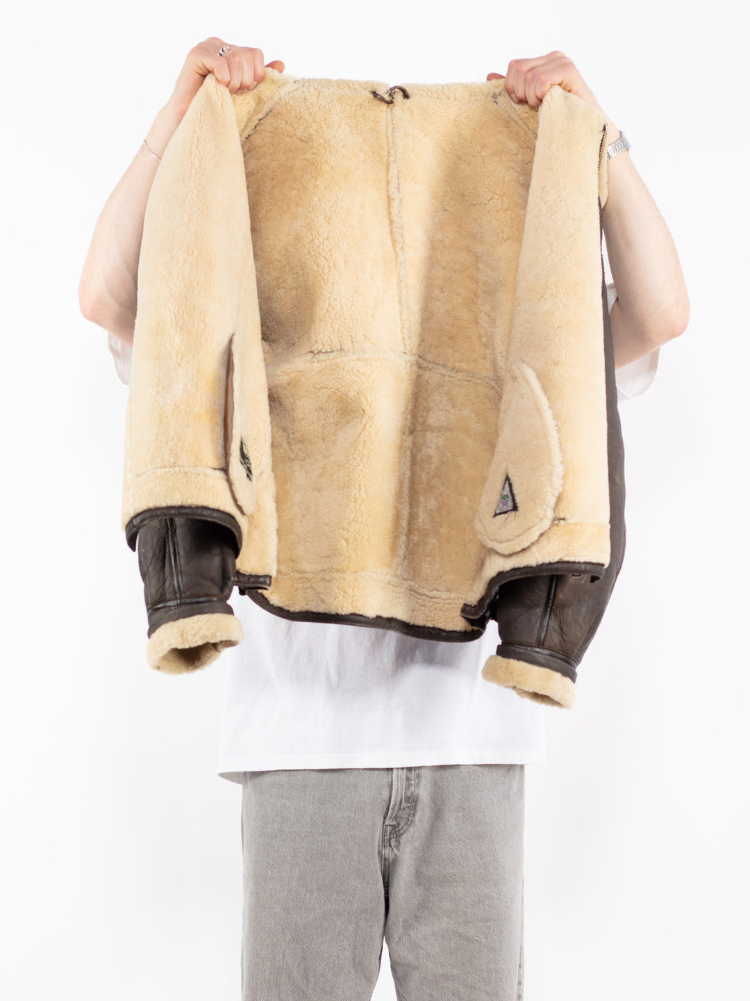 Vintage 80's Men B-3 Style Sheepskin Jacket in Brown