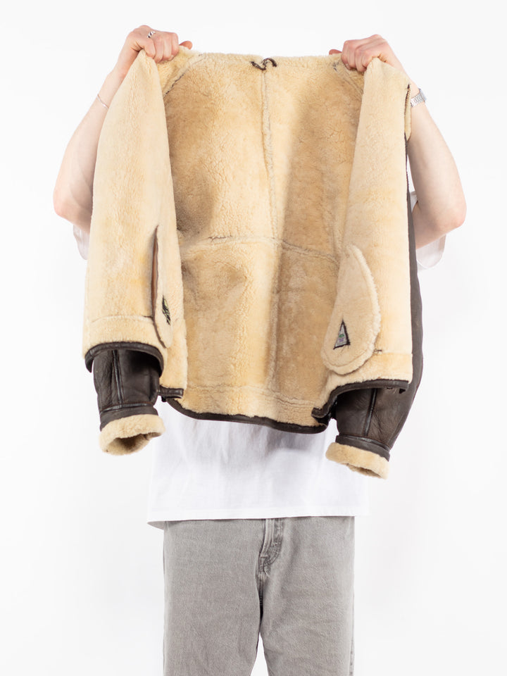 Vintage 80's Men B-3 Style Sheepskin Jacket in Brown