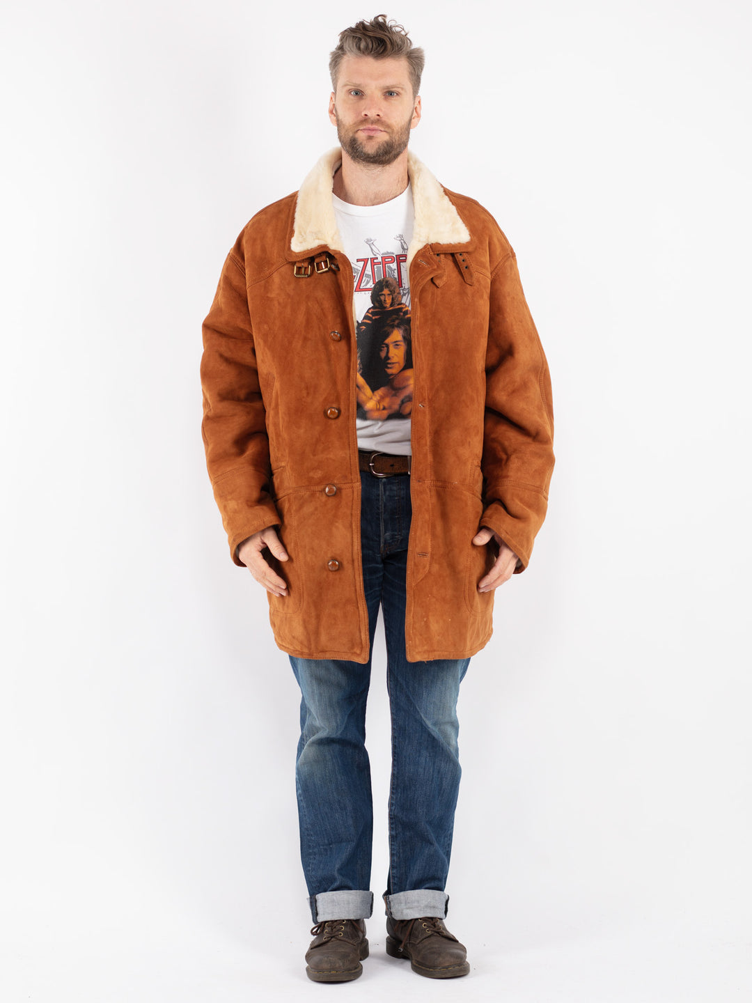 Vintage Men Sheepskin Shearling Coat in Brown