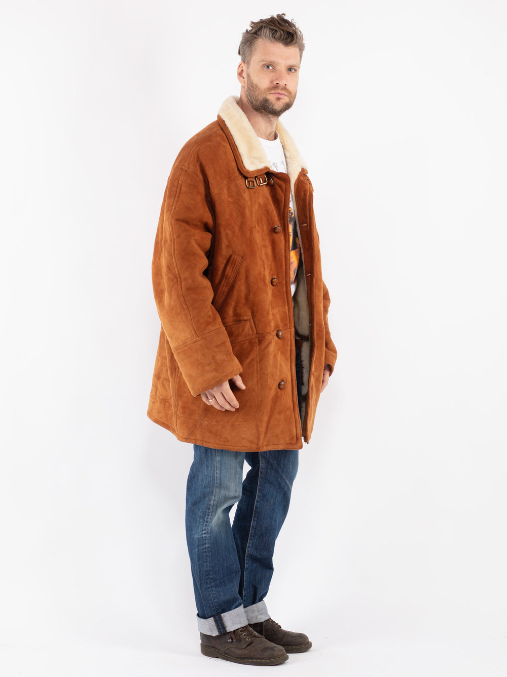Vintage Men Sheepskin Shearling Coat in Brown