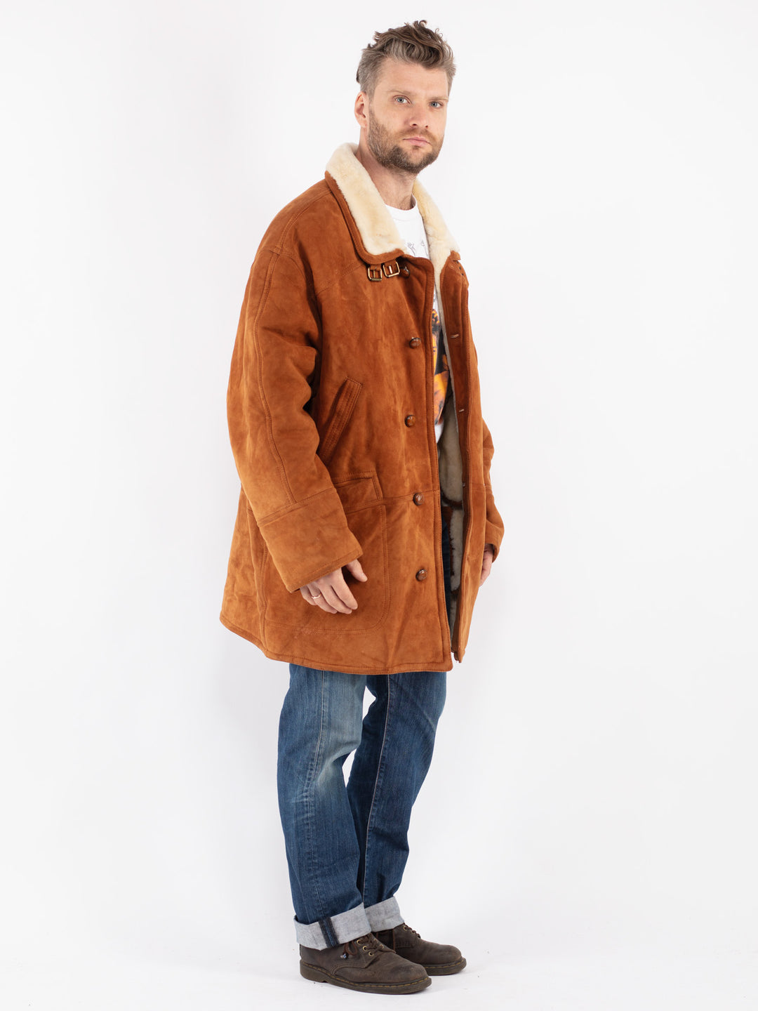 Vintage Men Sheepskin Shearling Coat in Brown