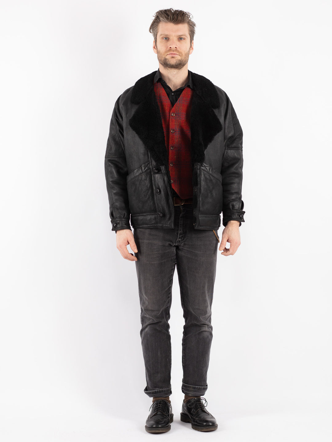 Vintage 80's Men Sheepskin Shearling Jacket in Black