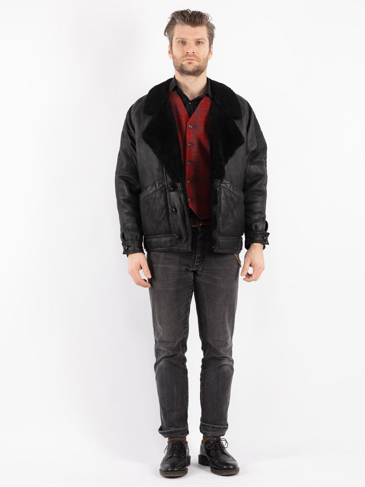 Vintage 80's Men Sheepskin Shearling Jacket in Black