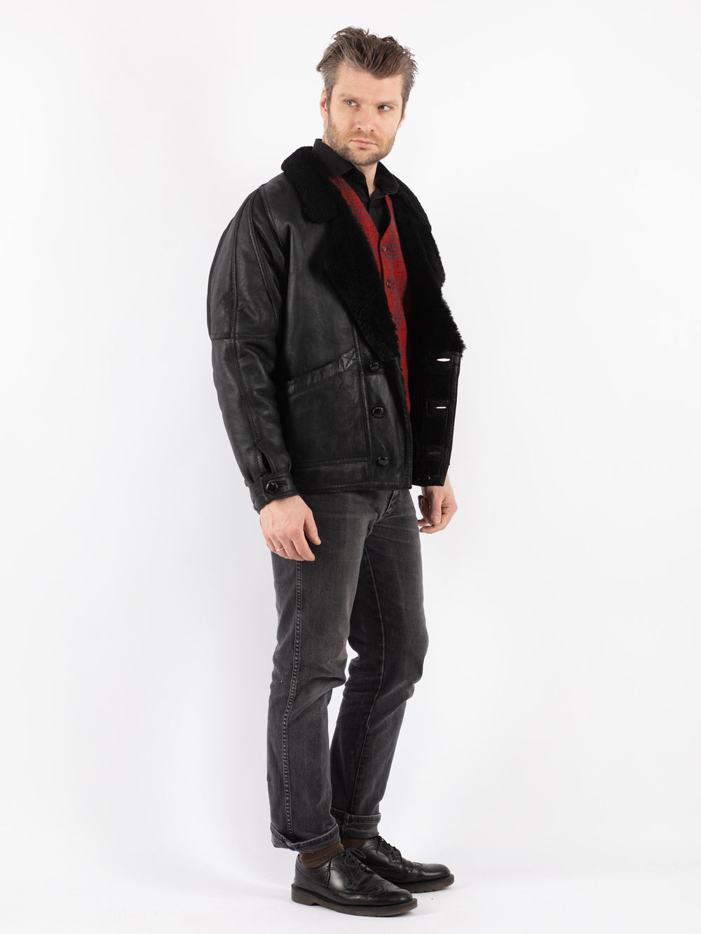 Vintage 80's Men Sheepskin Shearling Jacket in Black