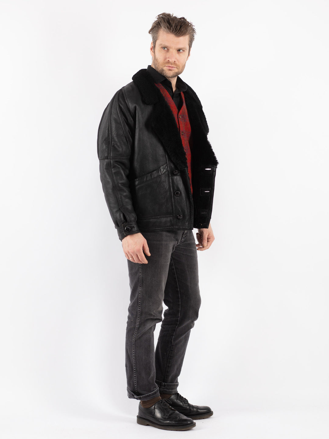 Vintage 80's Men Sheepskin Shearling Jacket in Black