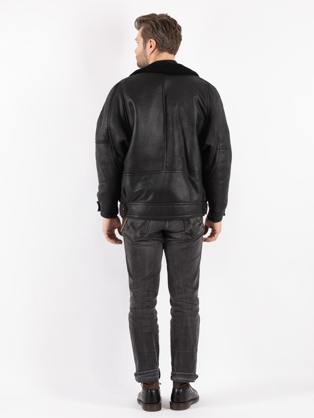 Vintage 80's Men Sheepskin Shearling Jacket in Black