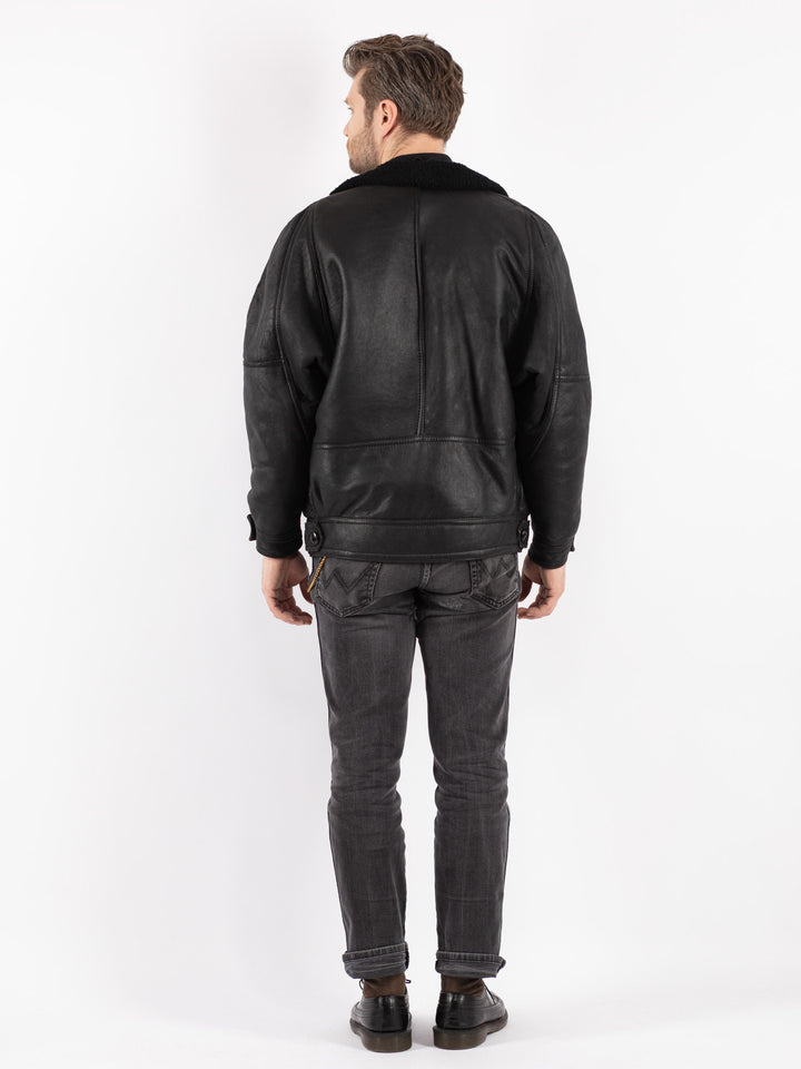 Vintage 80's Men Sheepskin Shearling Jacket in Black