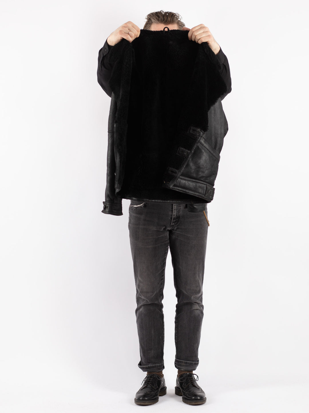 Vintage 80's Men Sheepskin Shearling Jacket in Black