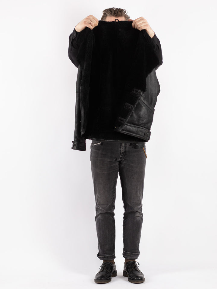 Vintage 80's Men Sheepskin Shearling Jacket in Black