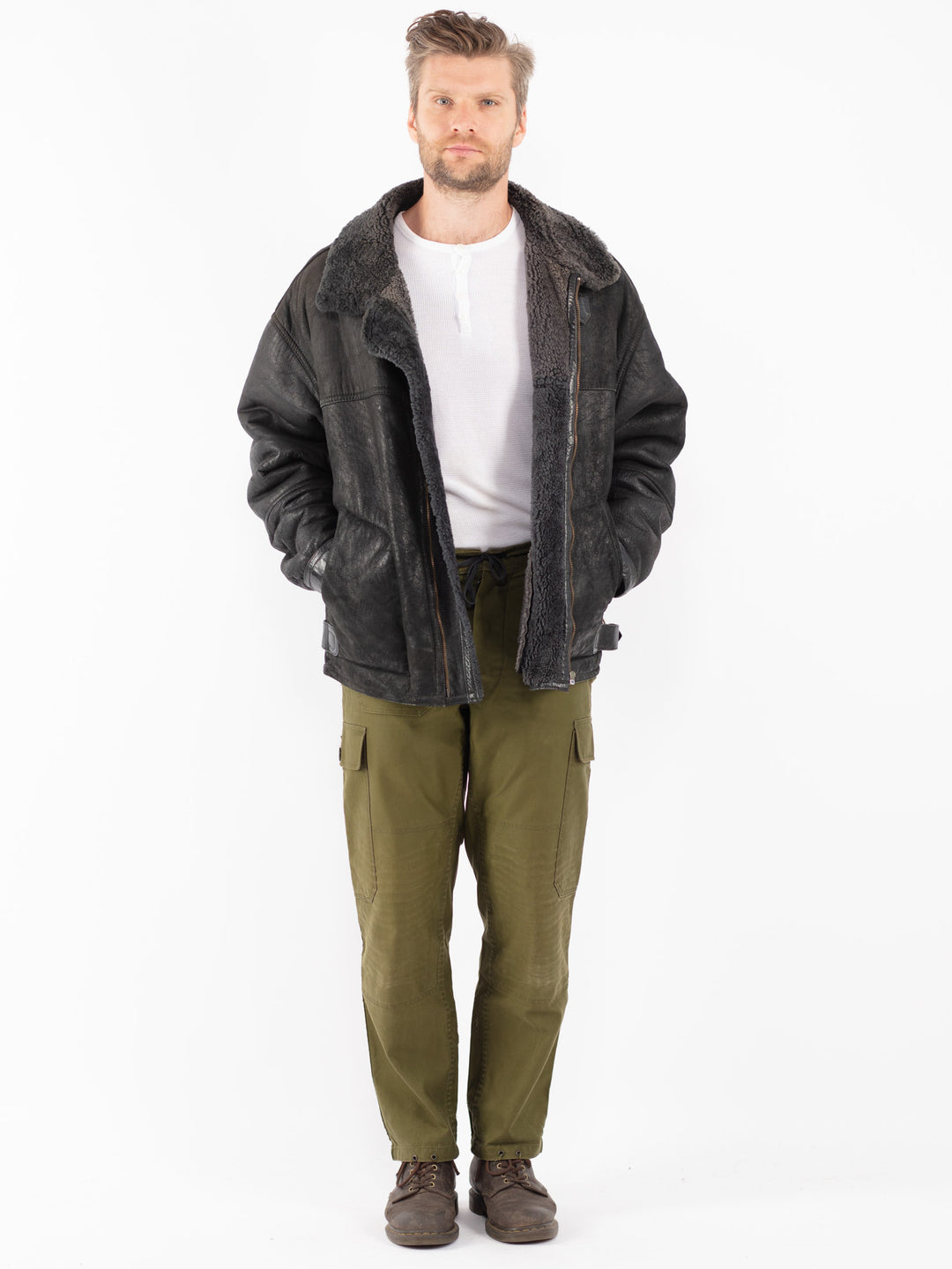 Vintage 80's Men Sheepskin Jacket in Black