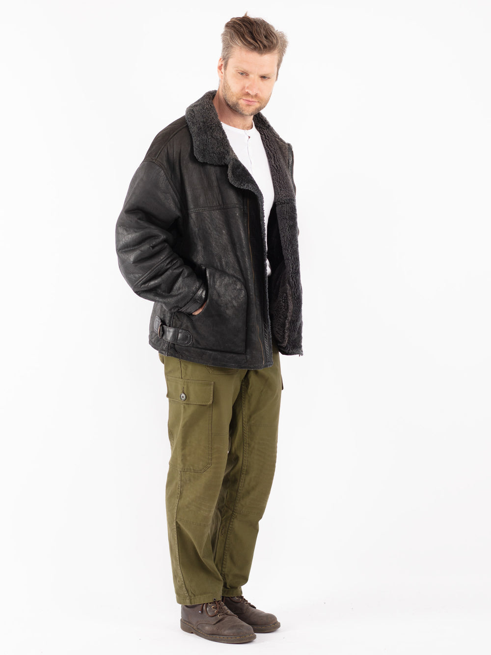Vintage 80's Men Sheepskin Jacket in Black