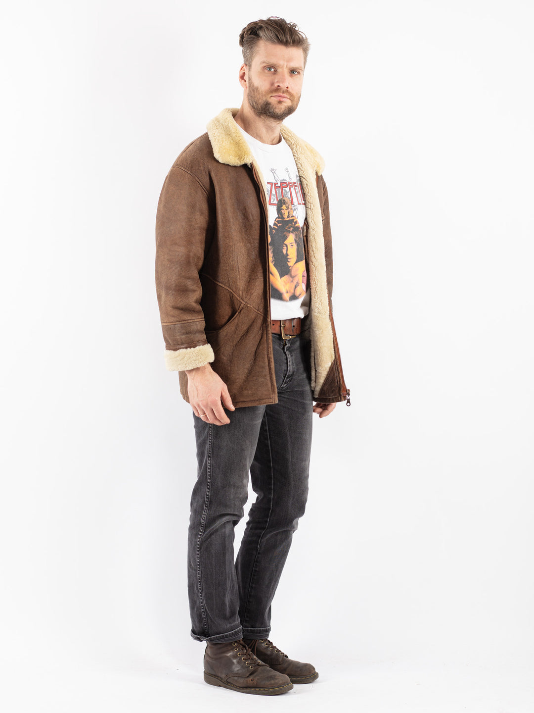 Vintage 80's Men Sheepskin Coat in Brown