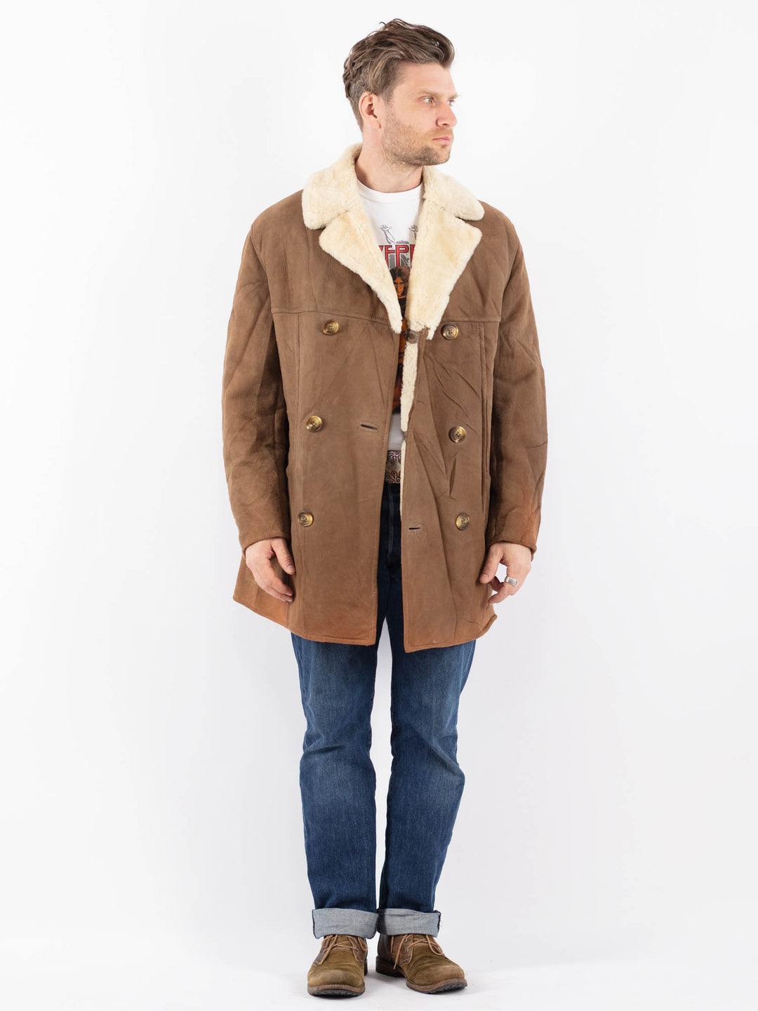 Vintage 80's Men Sheepskin Coat in BeigeZ1578