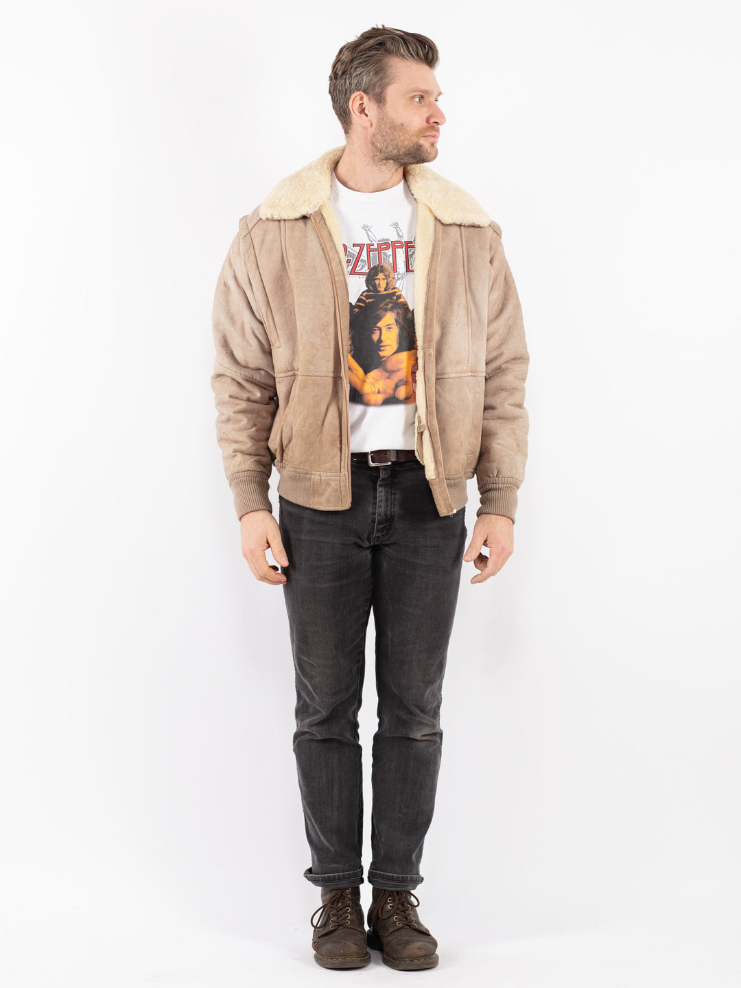 Vintage 80's Men Sheepskin Jacket in Beige
