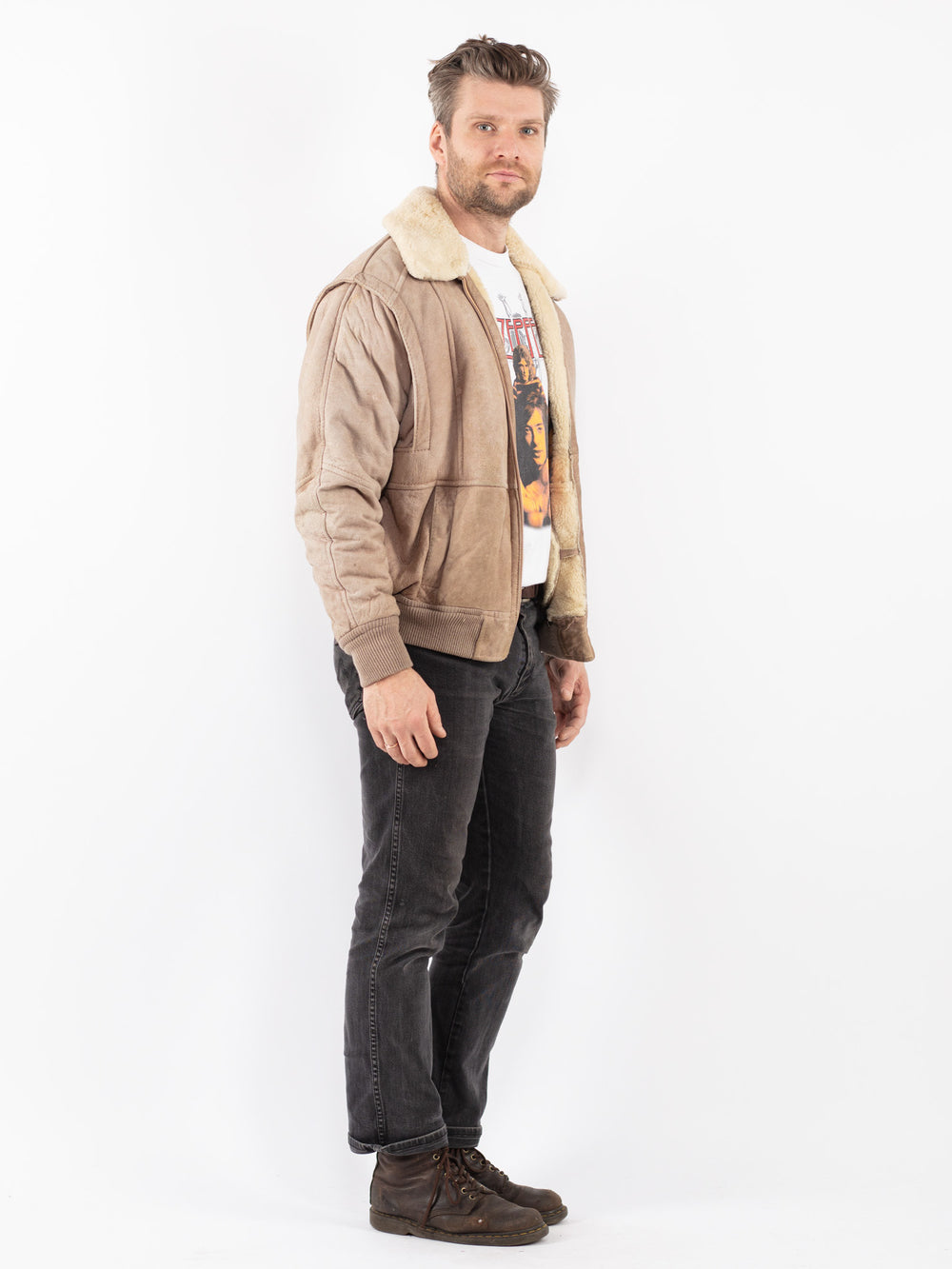 Vintage 80's Men Sheepskin Jacket in Beige