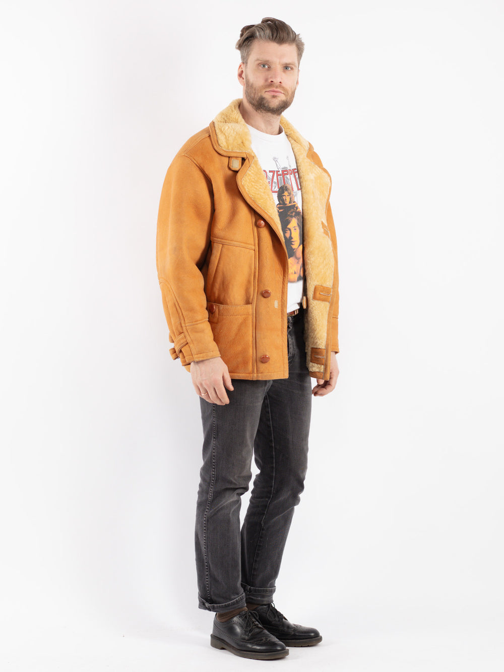 Vintage 80's Men Sheepskin Jacket in Orange