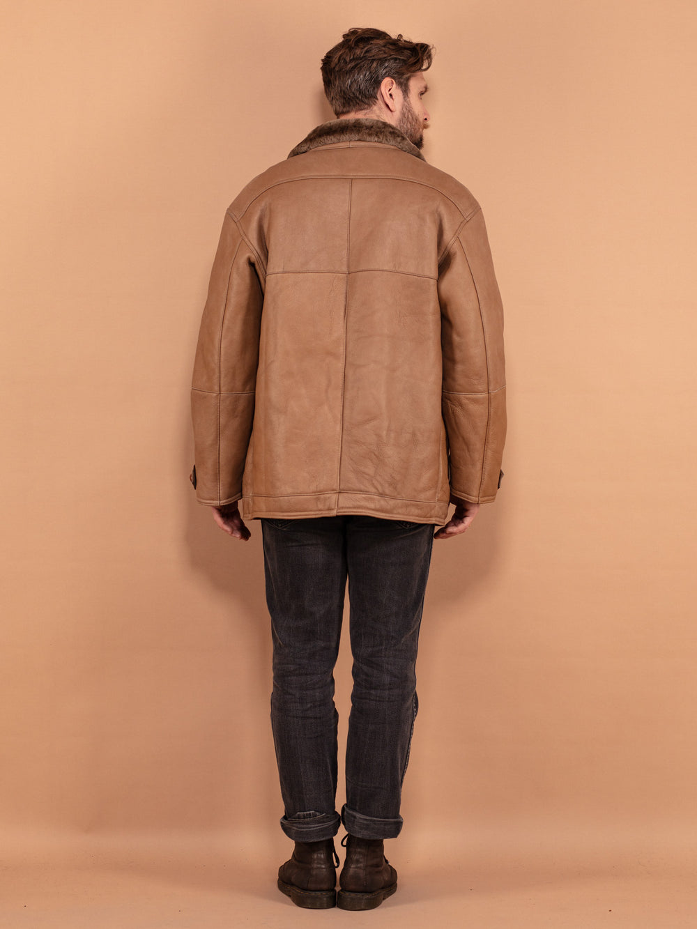 Vintage 80's Men Sheepskin Leather Coat in Beige - NorthernGrip