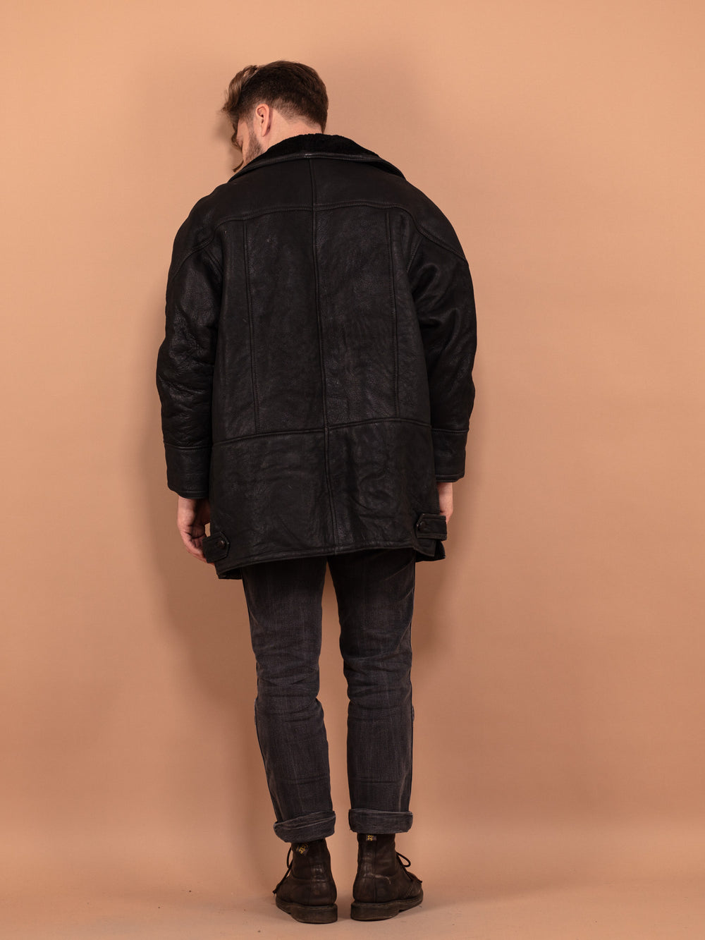 Vintage 80's Men Sheepskin Leather Coat in Black - NorthernGrip