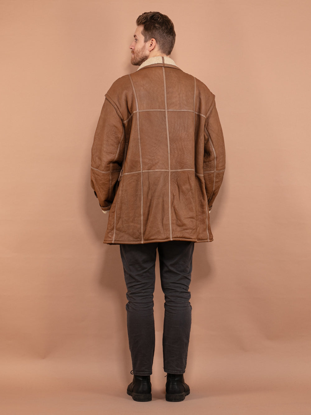 Vintage 80's Men Sheepskin Leather Coat in Brown - NorthernGrip