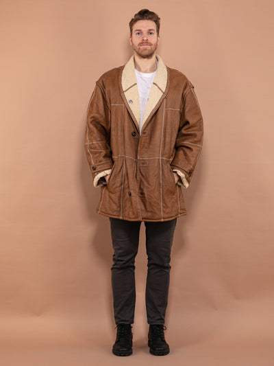 Oversized Sheepskin Coat, Size Large XL, Men Vintage Shearling Overcoat, Warm Winter Outerwear, Retro Leather Coat, 80s, Retro Leather Coat