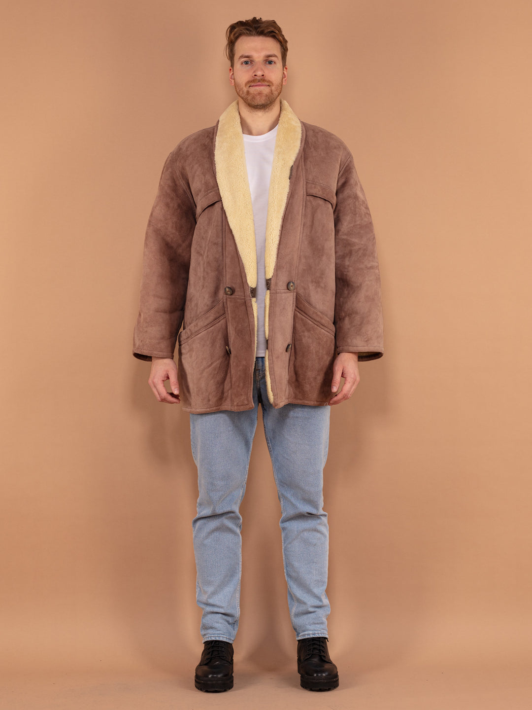 Mens Sheepskin Coat 80's, Size Large, Worn In Vintage Shearling Coat, Shearling Fur Coat, Brown Leather Overcoat, Boho Winter Coat