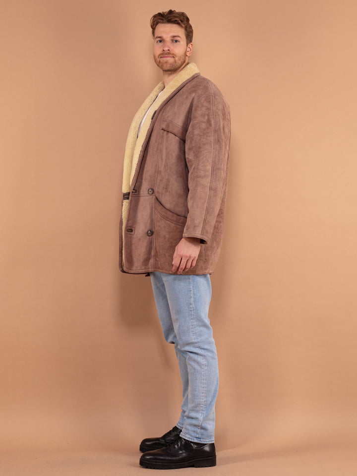 Vintage 80's Men Shearling Suede Coat in Brown - NorthernGrip