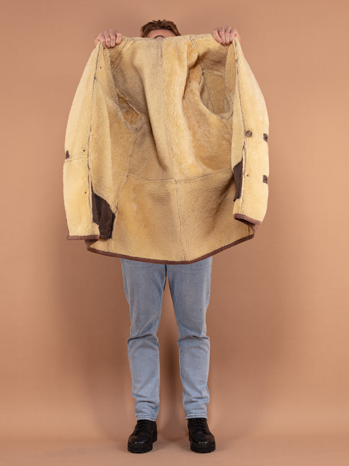 Vintage 80's Men Shearling Suede Coat in Brown - NorthernGrip