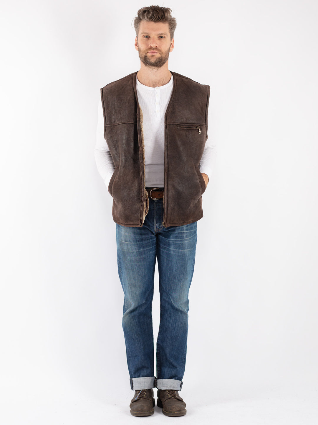 Vintage 80's Men Sheepskin Vest in Brown