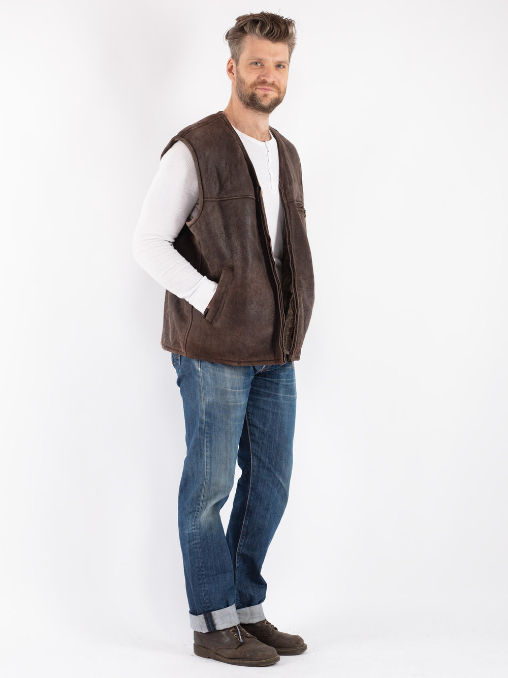 Vintage 80's Men Sheepskin Vest in Brown