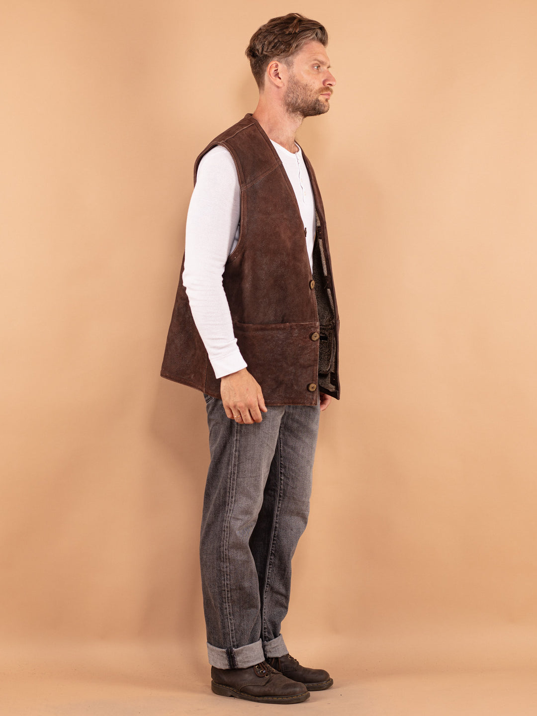 Vintage 80's Men Sheepskin Vest in Brown