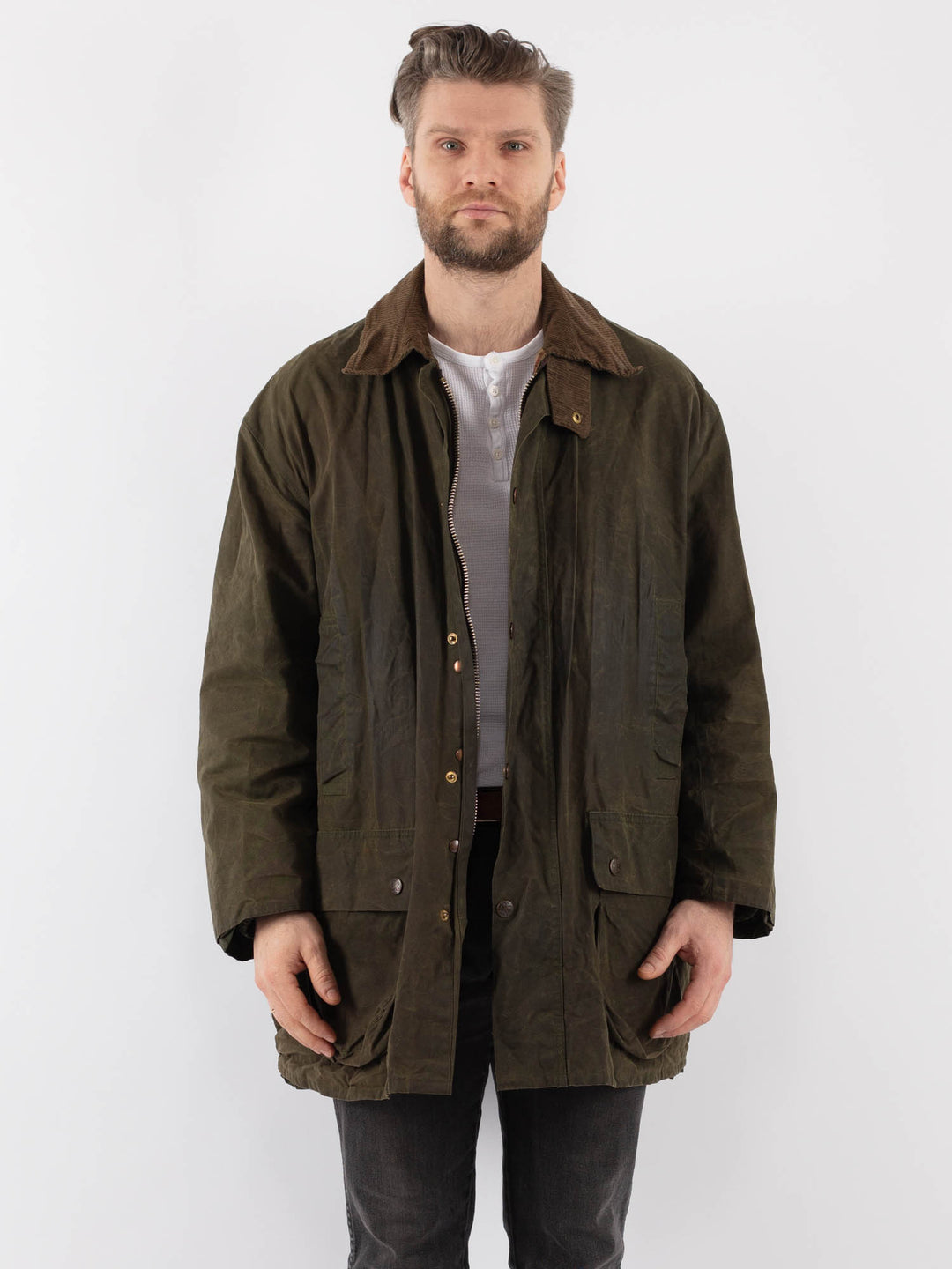 Vintage 80's Men Waxed Canvas Jacket in GreenZ894