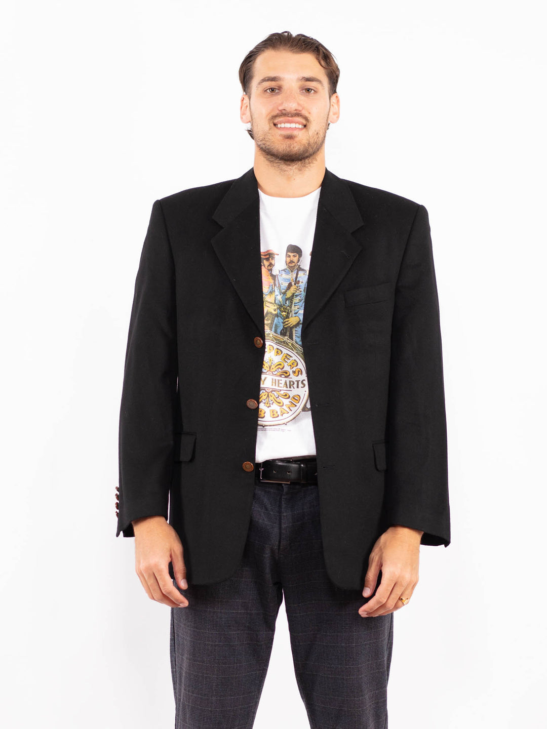 Vintage 80's Men Wool Blend Blazer Jacket in BlackZ2161