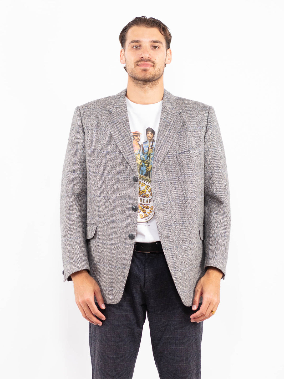 Vintage 80's Men Wool Blazer Jacket in GrayZ2183