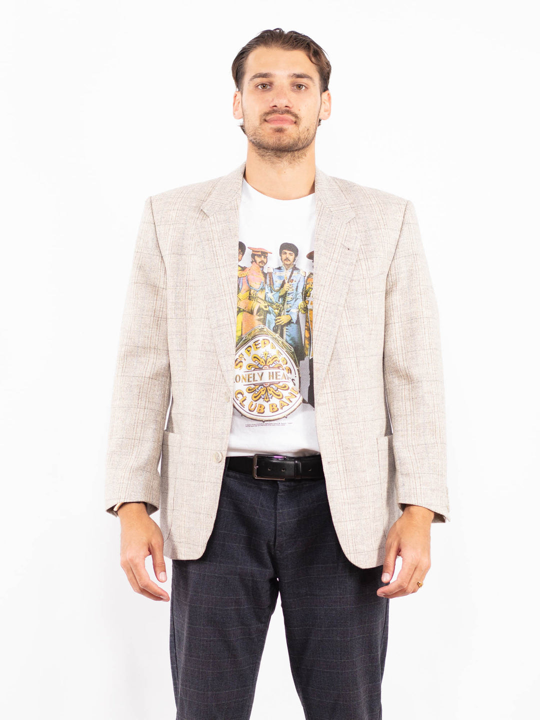 Vintage 80's Men Wool Blazer Jacket in BeigeZ2198
