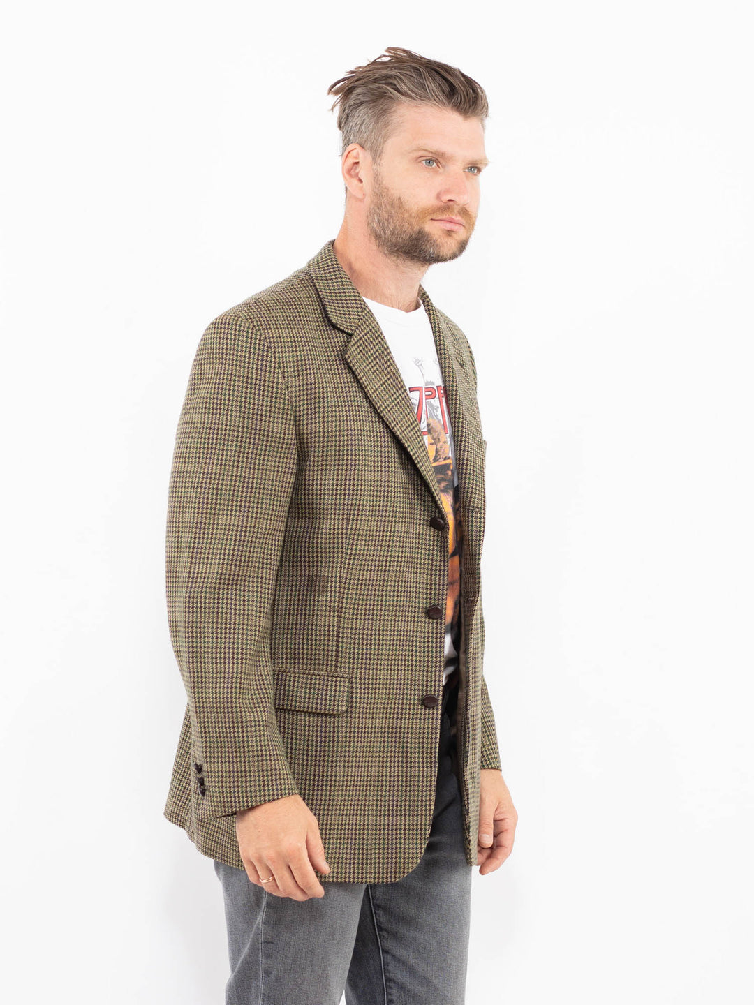 Vintage 80's Men Wool Blazer Jacket in GreenZ2324