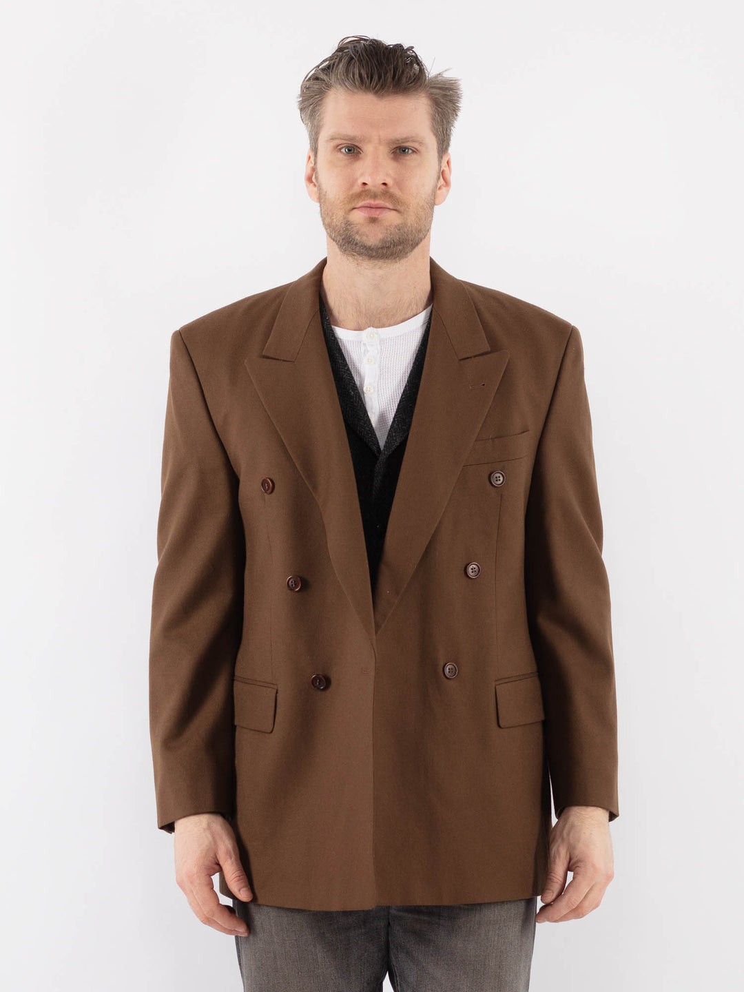 Vintage 80's Men Wool Blazer Jacket in BrownZ1046