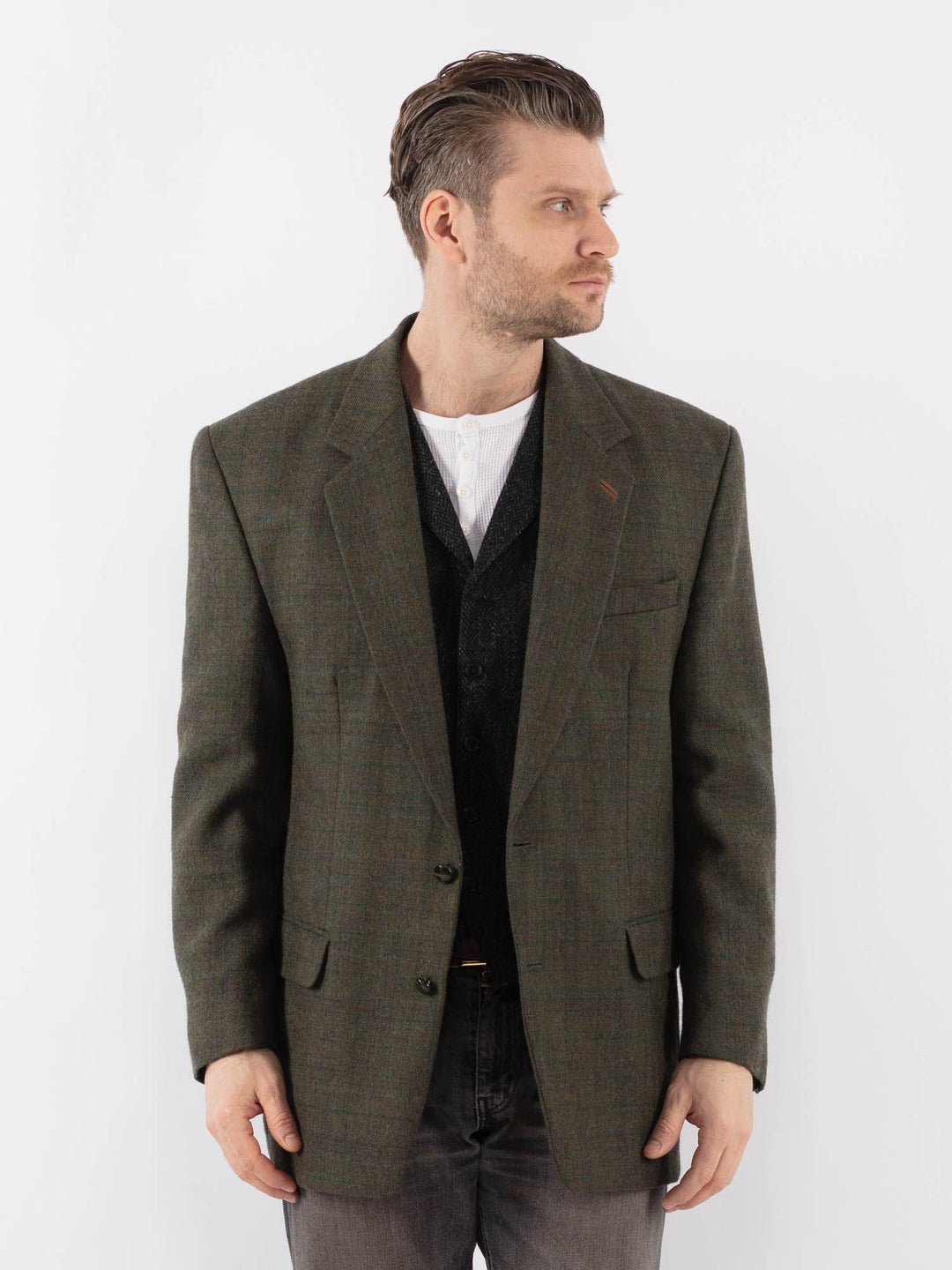 Vintage 80's Men Wool Blazer Jacket in GreenZ1053