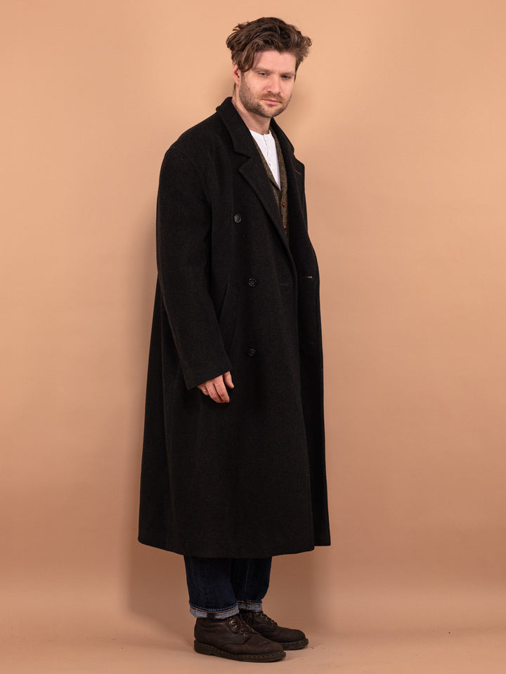 Men Wool Blend Maxi Coat 80's, Size XL, Vintage Minimalist Coat, Dark Gray Wool Overcoat, Belted Men Greatcoat, Classy Long Coat