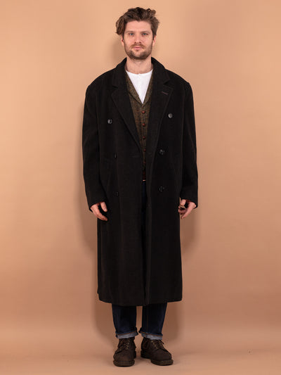 Men Wool Blend Maxi Coat 80's, Size XL, Vintage Minimalist Coat, Dark Gray Wool Overcoat, Belted Men Greatcoat, Classy Long Coat