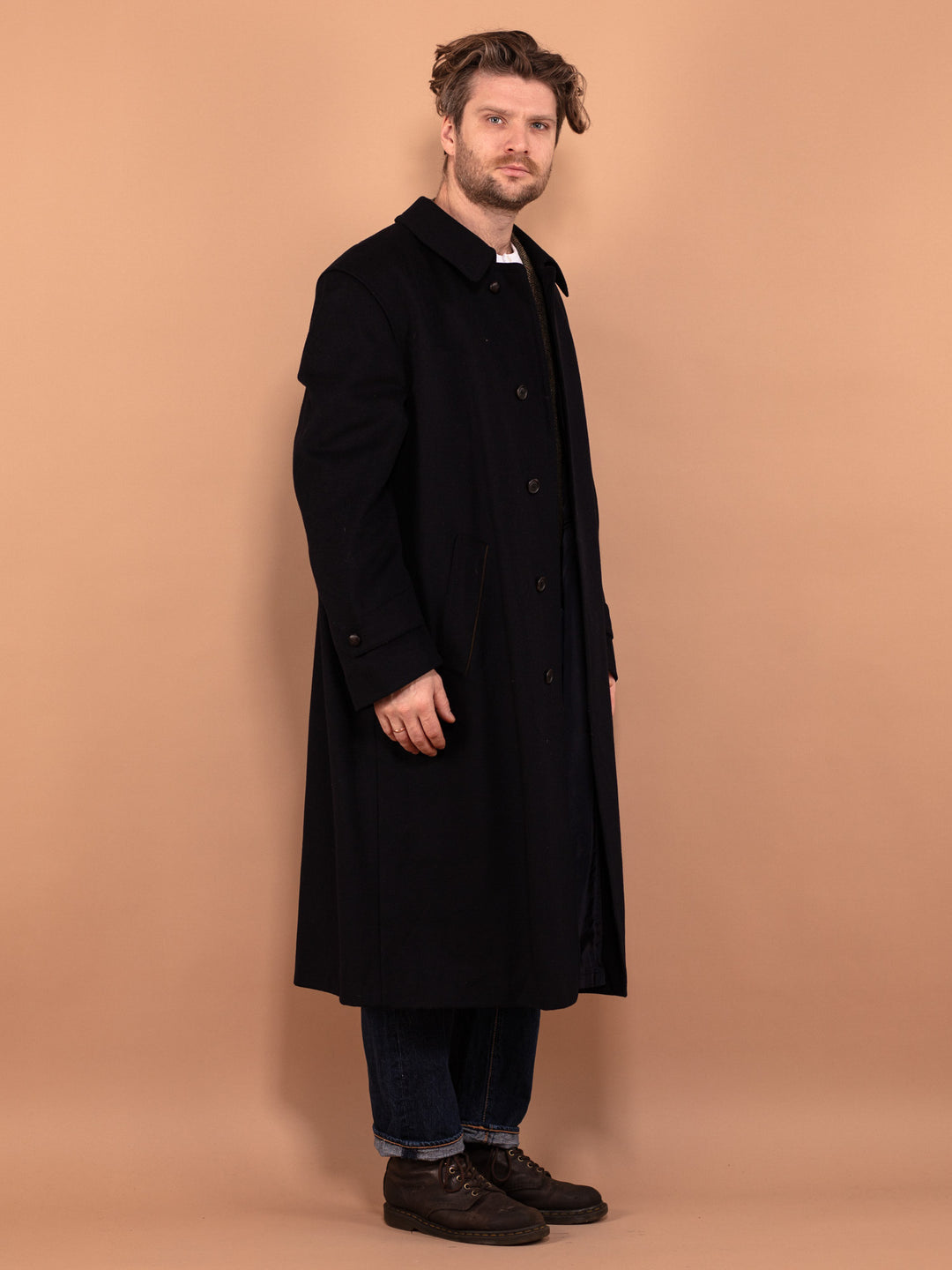 Men Wool Blend Maxi Coat 80's, Size L Large, Vintage Loden Wool Coat, Classic Mens Clothing, Navy Blue Long Spring Coat, Elegant Outerwear