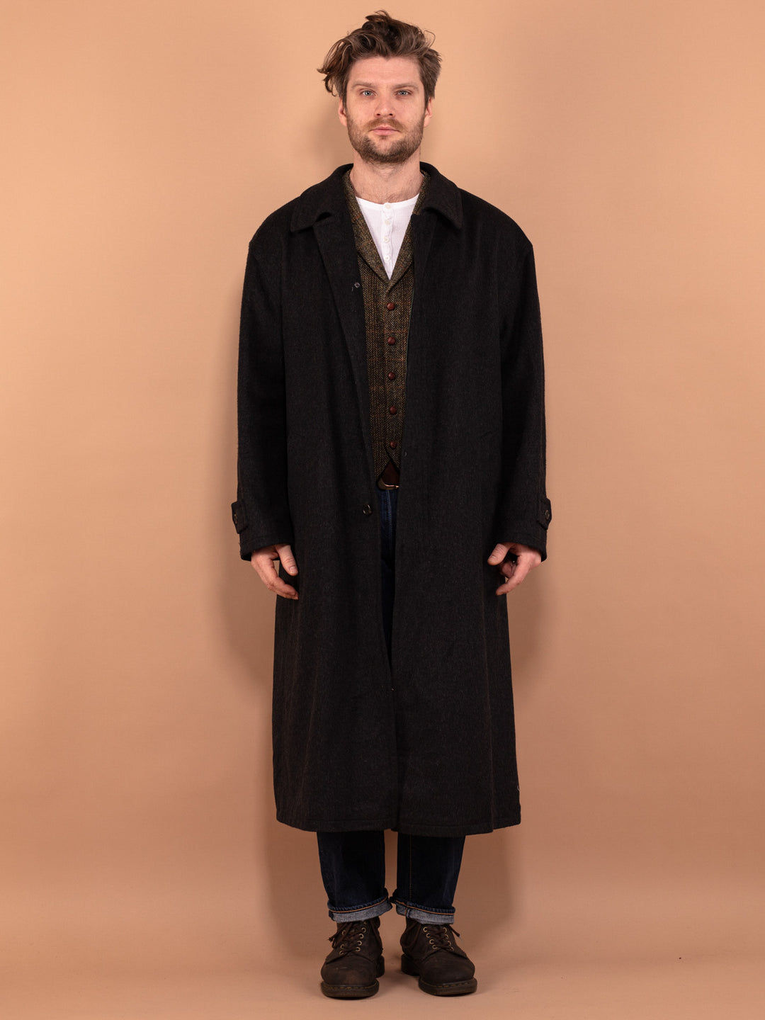Men's Wool Maxi Coat 80's, Size XL, Vintage Minimalist Coat, Dark Gray Wool Overcoat, Oversized Men Topcoat, Classy Long Coat, Minimalist