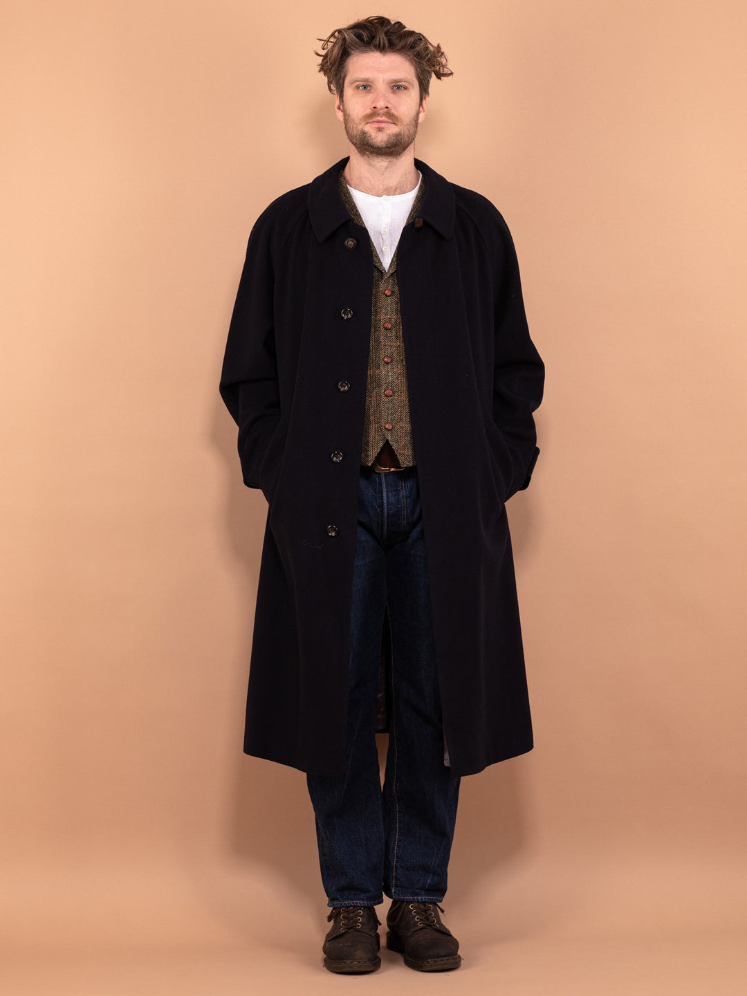 Vintage 80's Men Wool and Cashmere Overcoat in Navy Blue - NorthernGrip