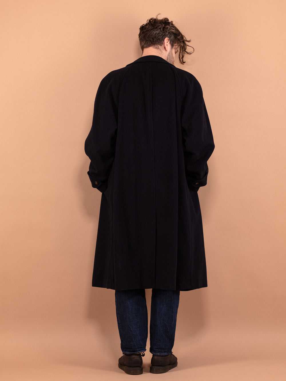 Vintage 80's Men Wool and Cashmere Overcoat in Navy Blue - NorthernGrip