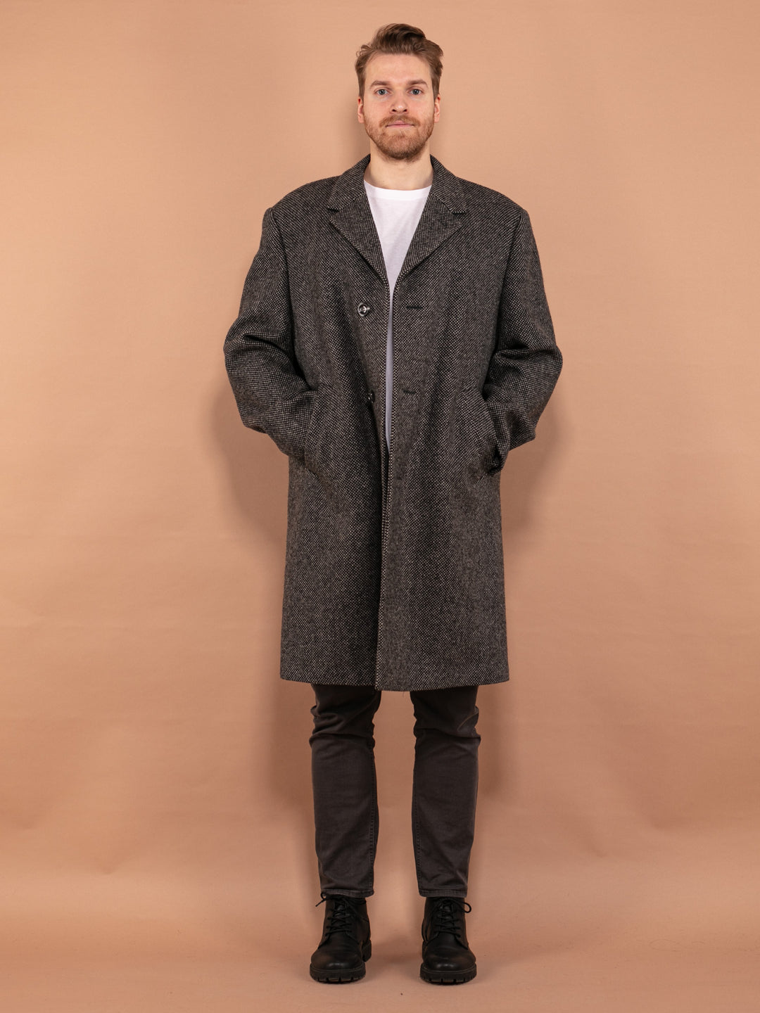 Men Wool Coat 80s, Men Size L Vintage Wool Coat, Men Wool Topcoat, Long Minimalist Coat, Classic Outerwear, Office Preppy Coat, Elegant Coat