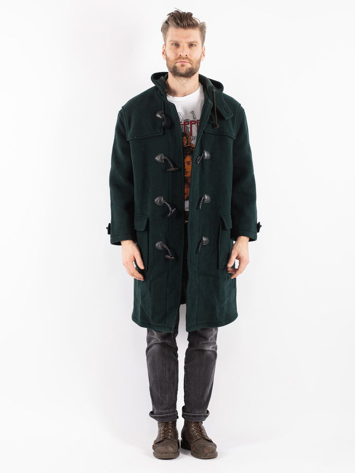 Vintage 80's Men Hooded Wool Duffle Coat in Green