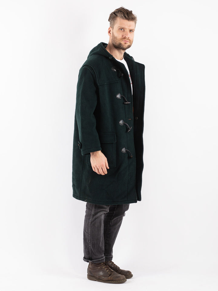 Vintage 80's Men Hooded Wool Duffle Coat in Green