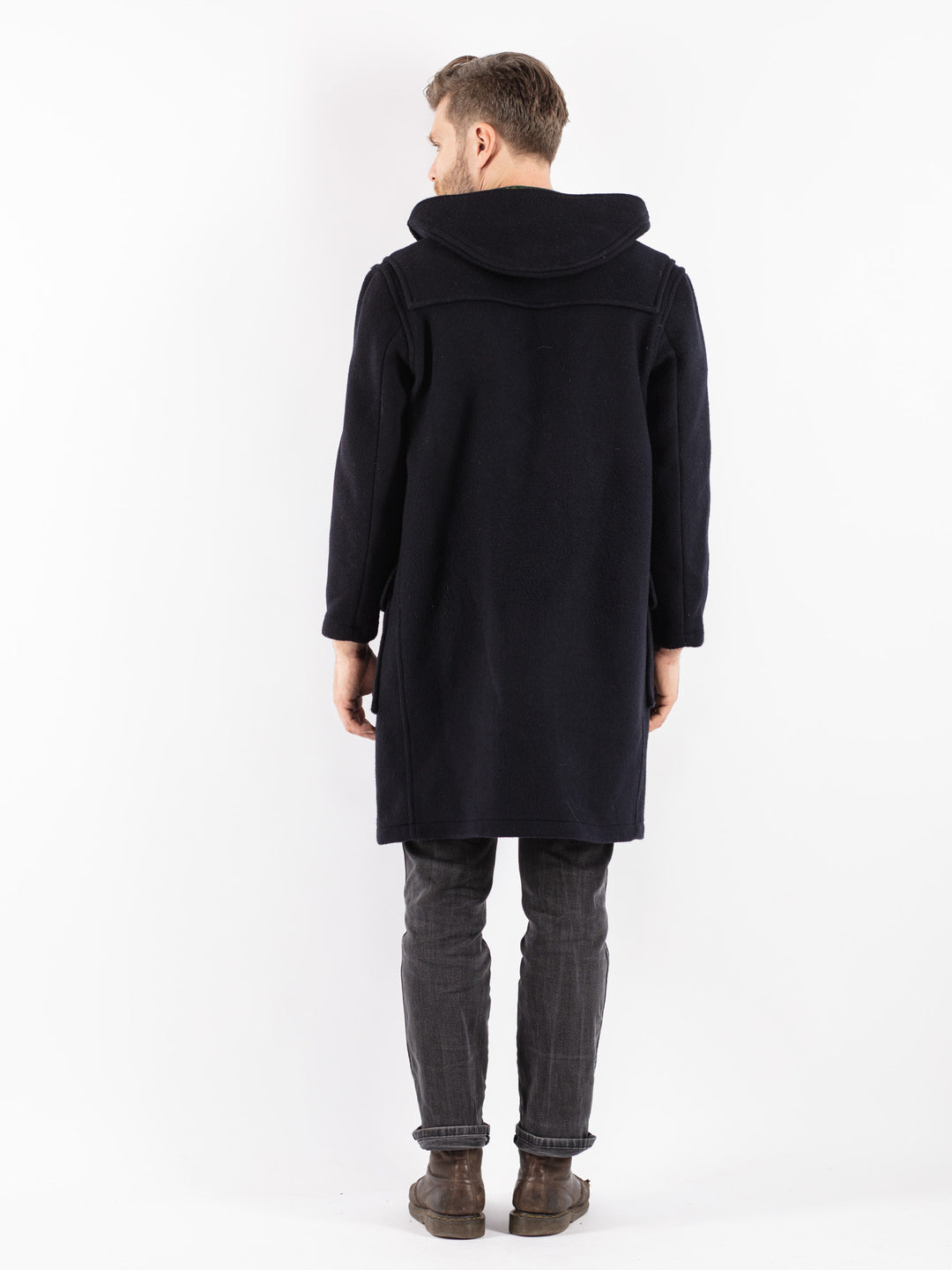 Vintage 90's Men Hooded Wool Duffle Coat in Blue
