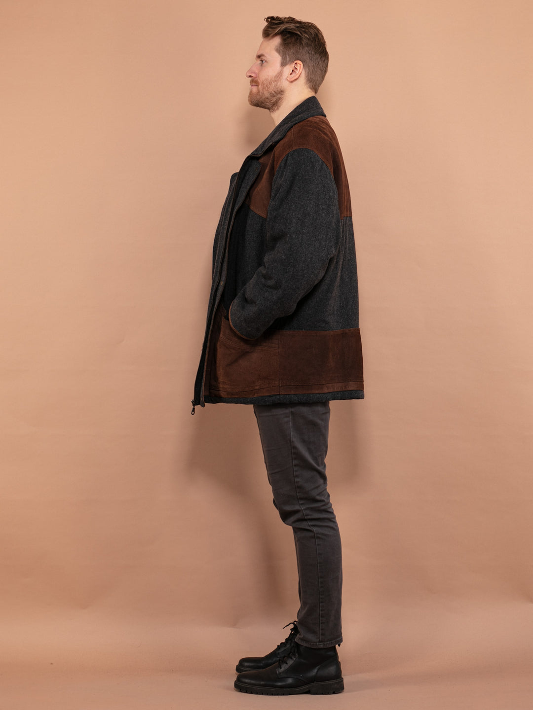 Vintage 90's Men Wool and Suede Blend Jacket in Gray - NorthernGrip