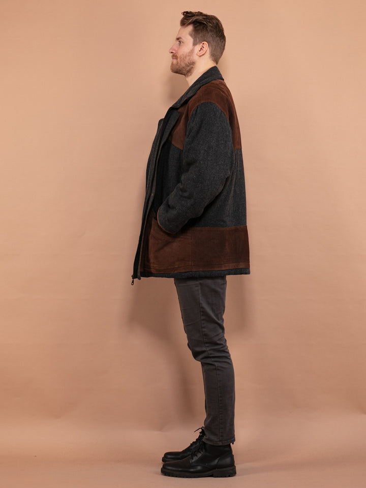 Vintage 90's Men Wool and Suede Blend Jacket in Gray - NorthernGrip